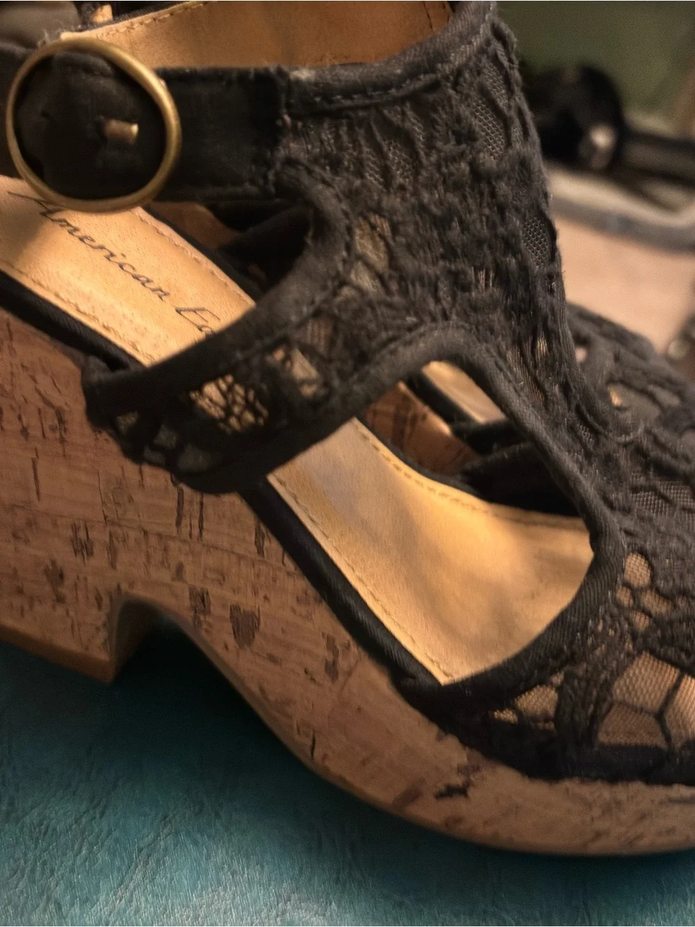 American Eagle By Payless Black Crochet Lace Wedge Sandals